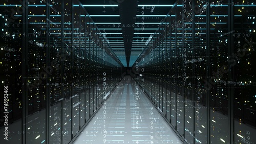 A row of servers symmetrically aligned in a data center building