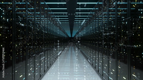 Принти на полотні A row of servers symmetrically aligned in a data center building