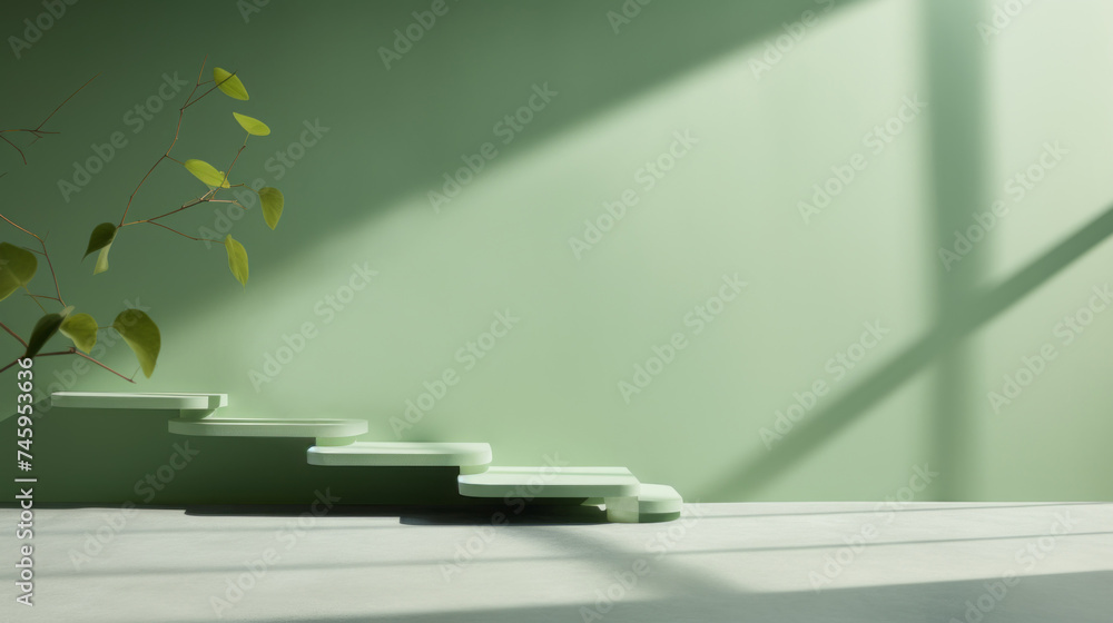 Minimalistic Pastel Green Background, Steps, leaves, Light and Shadows for branding, promotion, presentation of Cosmetics, product. Horizontal Banner, Mockup, Advertising Showcase with copy space. Minimalistic Pastel Green Background, Steps, leaves, Light and Shadows for branding, promotion, presentation of Cosmetics, product. Horizontal Banner, Mockup, Advertising Showcase with copy space.
