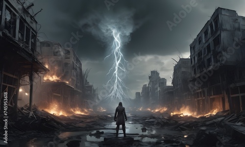 Observer Amidst Fiery Post-Apocalyptic Destruction, a figure stands in ruins under a fiery sky. AI Generated