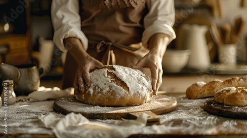 Artisan Baker Presenting Freshly Baked Bread In a rustic kitchen, an artisan baker carefully handles a loaf of freshly baked bread, evoking a sense of tradition and craftsmanship.