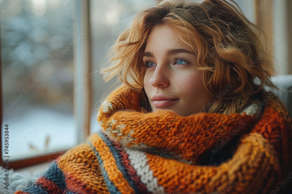 Warm indoor portrait of a woman wrapped in a colorful scarf looking to the side Warm indoor portrait of a woman wrapped in a colorful scarf looking to the side