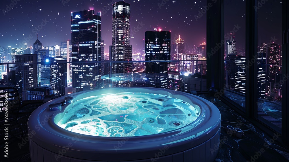 Image showcasing Starry Skyline View from Urban Rooftop Spa A magical evening spent in a ...