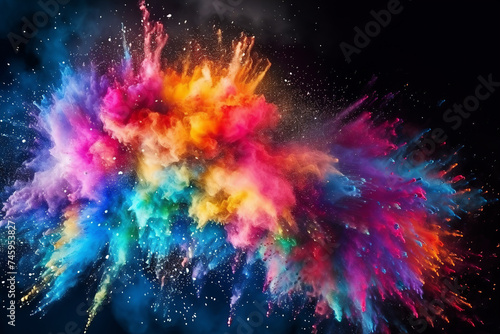 Multi colour powder explosion on black background.