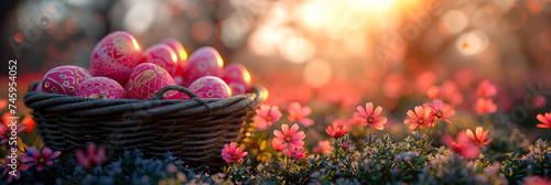With the setting sun casting a warm glow, an intricately decorated basket of Easter eggs takes center stage amidst the wildflowers