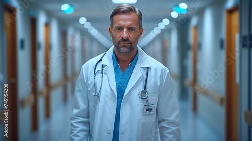 A man in scrubs walking through the hospital hallway. photo