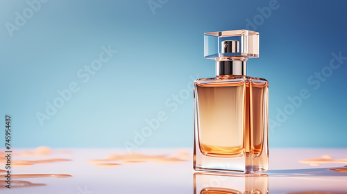 Perfume transparent bottle on pastel background, perfume display