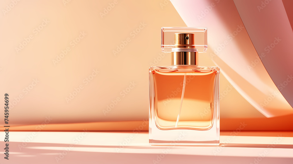 Perfume transparent bottle on pastel background, perfume display Perfume transparent bottle on pastel background, perfume display