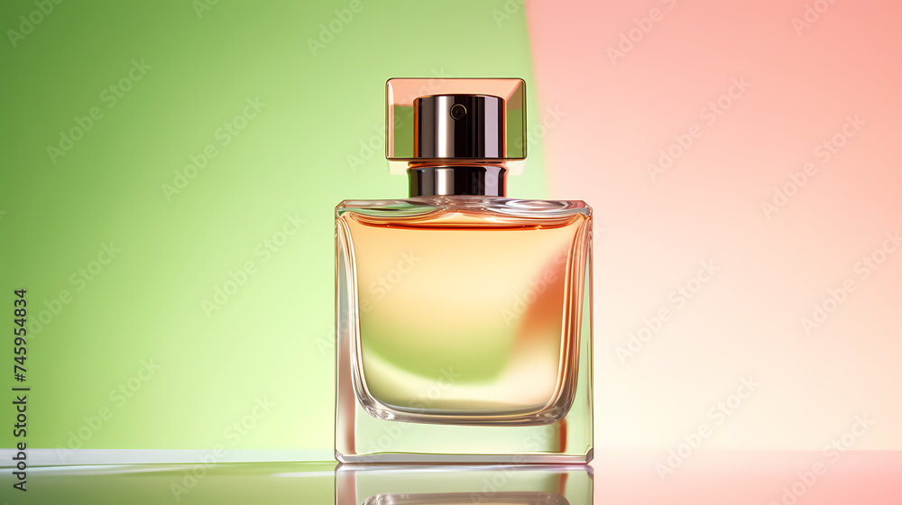 Perfume transparent bottle on pastel background, perfume display Perfume transparent bottle on pastel background, perfume display