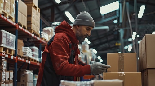 Warehouse Worker Organizing Packages for Shipment Focused warehouse employee in a red jacket and beanie is busy arranging cardboard boxes, ensuring efficient package handling. 
