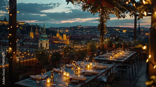 Rooftop Dining Overlooking Evening Cityscape An enchanting rooftop restaurant setting, ready for diners, with a stunning view of the city's evening lights and historic architecture.