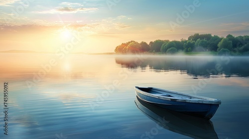 Tranquil Dawn with Rowboat on Calm Lake The soft light of dawn illuminates a serene lake, where a single rowboat gently floats, with mist rising off the water's surface.   © M