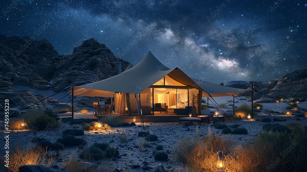 Luxury Tent Under Starry Night Sky in Desert A luxury camping tent in a ...