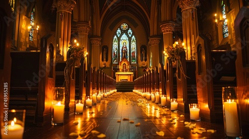 Candlelit Aisle in a Traditional Church Setting A serene and sacred atmosphere is captured within a traditional church, where a candlelit aisle leads to a beautifully stained glass window, evoking a 