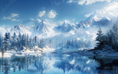 A pristine winter scene unfolds with a serene lake bordered by snow-draped pines, the calm waters reflect the towering, sun-kissed mountains.