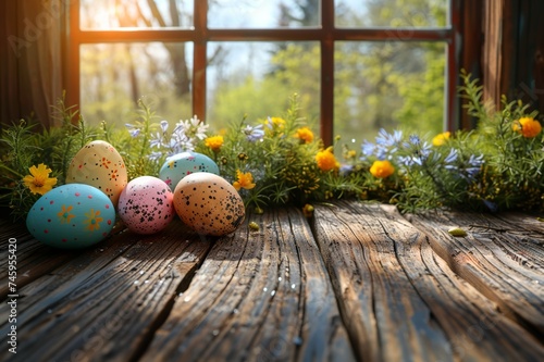 Easter still life with eggs and flowers on wooden table, Spring garden view from open window, display template