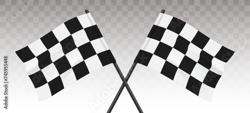 Two checkered flags crossed on a transparent background, symbolizing the start or finish of a motor racing event, vector illustration.
