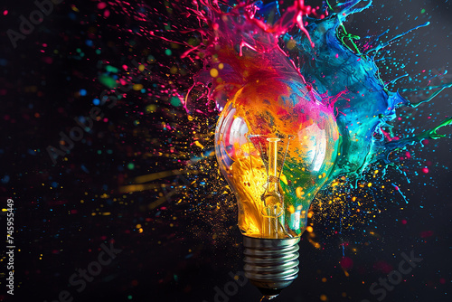 Creative light bulb explosion with splashes of yellow, blue and pink paint on a black background. Think differently creative idea concept.