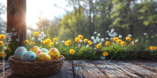 Easter still life with eggs and flowers on wooden table, Spring garden view from open window, display template photo