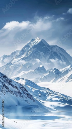 A breathtaking snowy peak rises into the clear sky, its slopes a blend of harsh rock and soft snow drifts, embodying the sublime majesty of nature's high places.