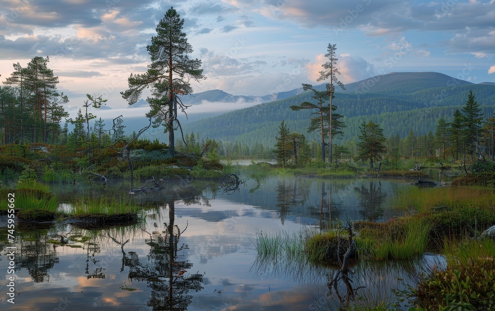 A calm dawn breaks over a serene wetland, the water's surface mirroring the tall, slender trees and the misty mountains in the distance. The soft light of morning reveals the tranquil beauty.