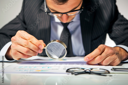 Meticulous Analysis, Businessman Inspecting Documents with Magnifying Glass