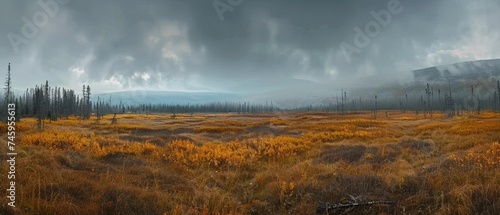 Golden fields under a dramatic overcast sky create a striking contrast in this vast landscape, where the beauty of the wilderness stands resilient against the somber weather.