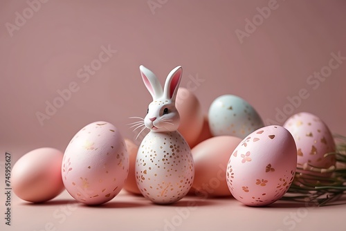 Easter eggs and bunnies on pastel pink background with copy space