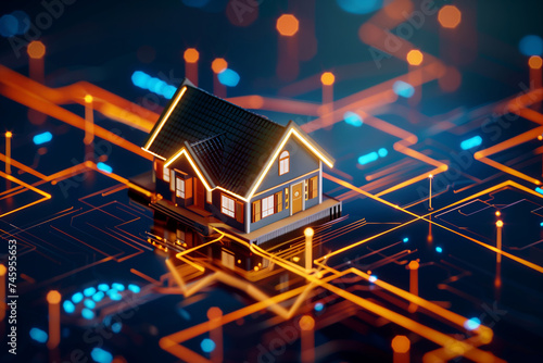 Illuminated Smart Home on Digital Network Grid, Advanced Real Estate Concept