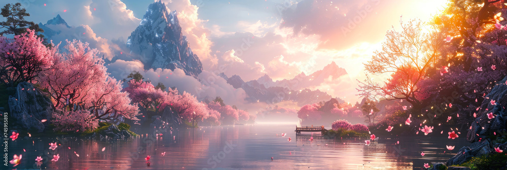 Obraz premium Mystical sunrise with blooming cherry trees lining the tranquil river, petals fluttering and mountains