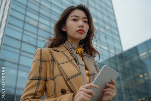 Stylized professional asian woman in tartan overcoat holds tablet before modern building, xpression contemplative.  Fashion-forward businesswoman with digital pad stands before glass facade photo