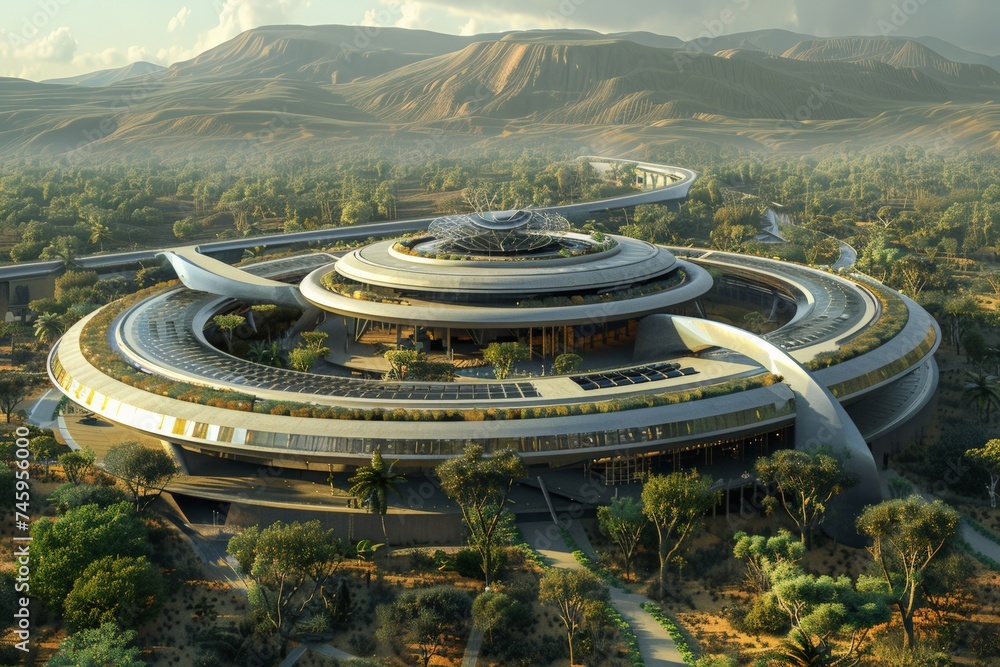 Eco-friendly building with spiraling walkways emerges amidst desert oasis integrating nature with solar-powered design, under undulating dunes. Sustainable circular structure fuses with desert terrain