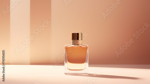 Perfume transparent bottle on pastel background, perfume display