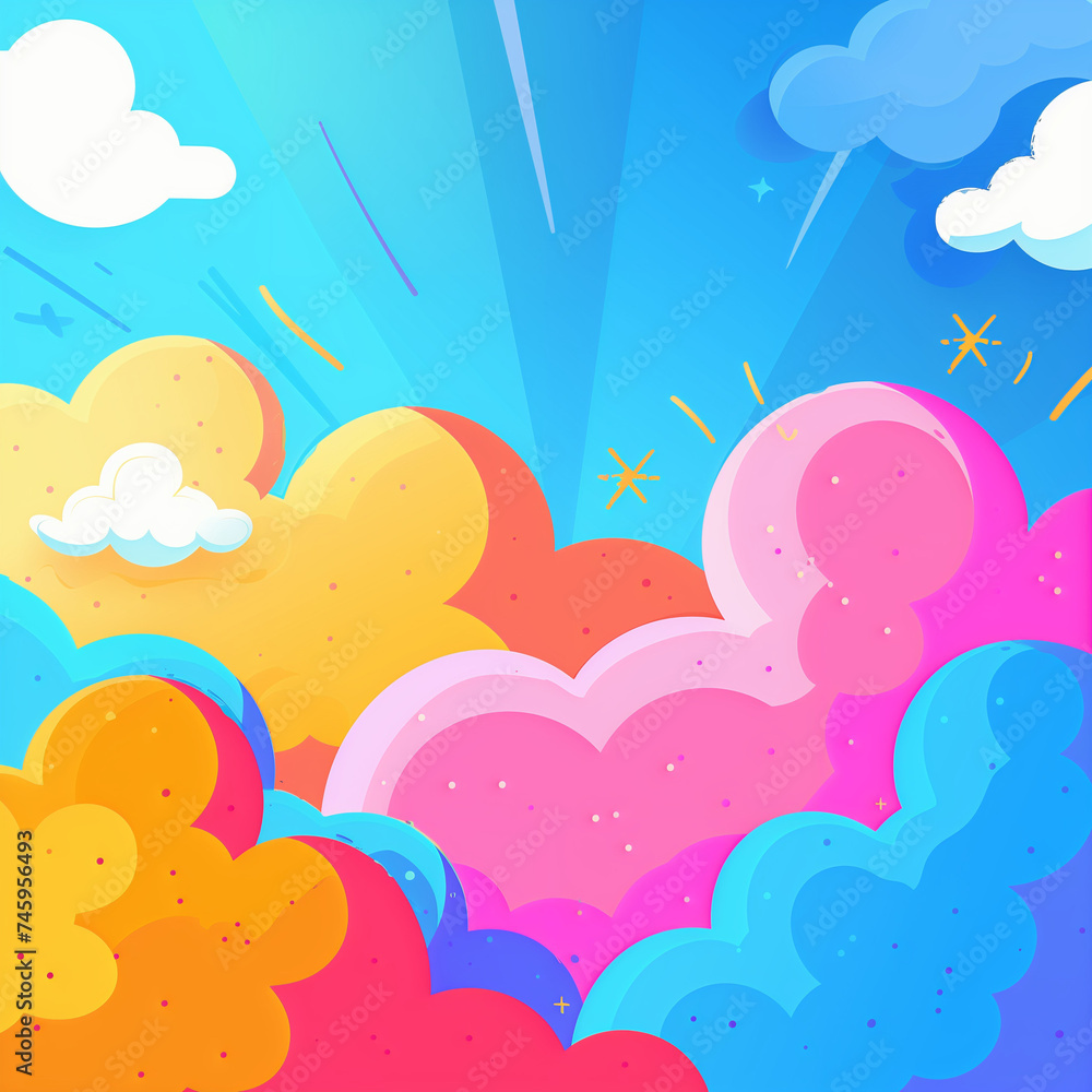 Obraz premium Colorful Whimsy: High-Resolution Vector Illustration of Cartoon Clouds in a Rainbow of Hues, Playful Sky Design