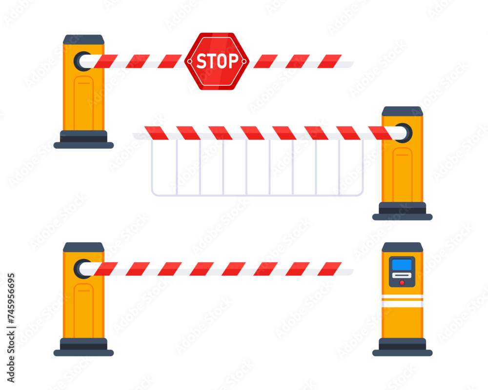 Closed car barriers with stop sign. Automatic parking gate barrier. Vector illustration Closed car barriers with stop sign. Automatic parking gate barrier. Vector illustration