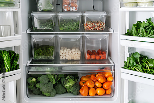 Food Stored Safely in a Refrigerator. Organized Refrigerator Loaded with Fresh Vegetables and Fruits