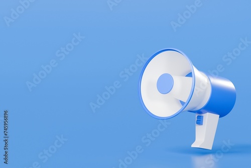 3d Blue and white megaphone speaker or loudspeaker for announce icon. isolated on blue background. 3d render illustration.
