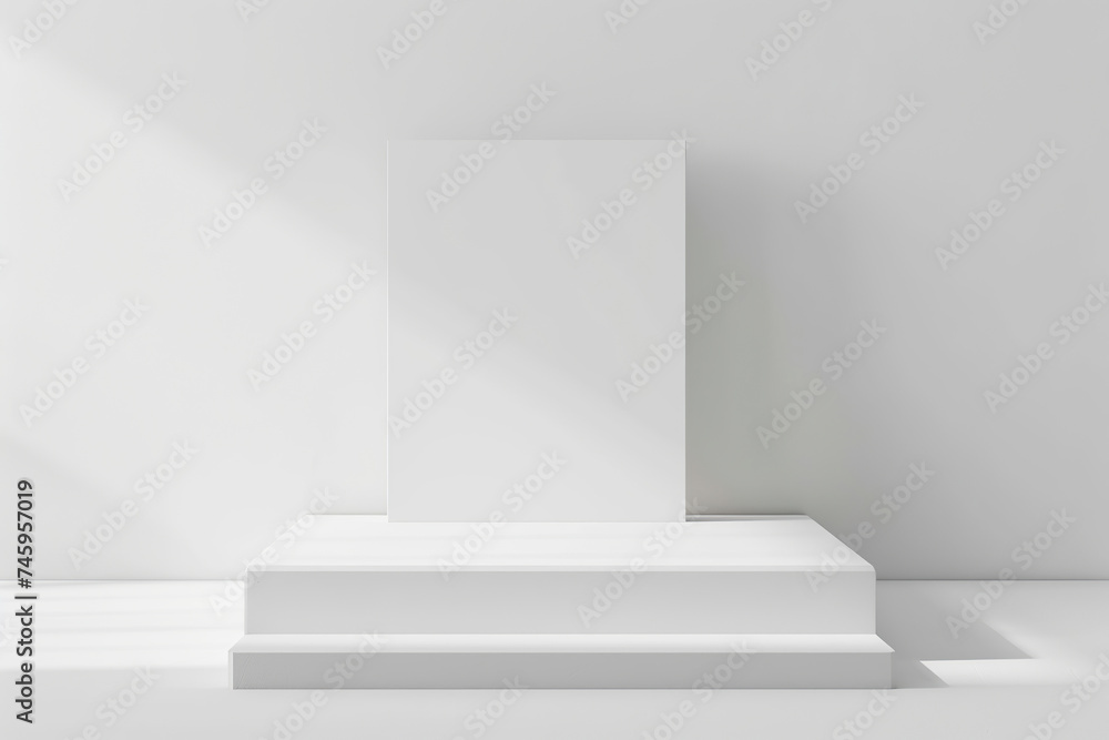 Fototapeta premium Elegant abstract white podiums with sunlight with shadow on white background for product display. Abstract 3d shape for products display presentation. Minimal wall scene.