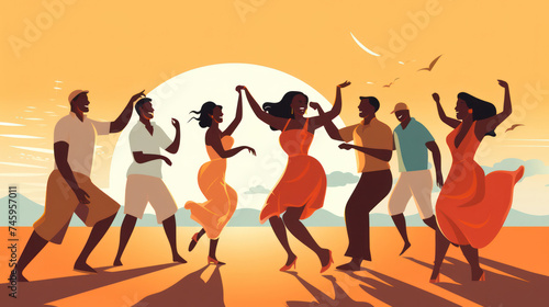 Summer Sunset Beach Party: Joyful Silhouettes Dancing in the Beautiful Background