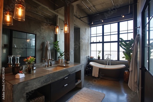 Modern Urban Loft Bathroom  Industrial Concrete Countertops and Stylish Lighting