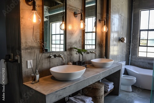 Modern Industrial Bathroom Design with Concrete Countertops and Urban-style Lighting