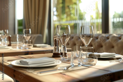 Contemporary fine dining restaurant concept, restaurant table, Wine glasses in the restaurant table, Dining table in the luxury restaurant, photo