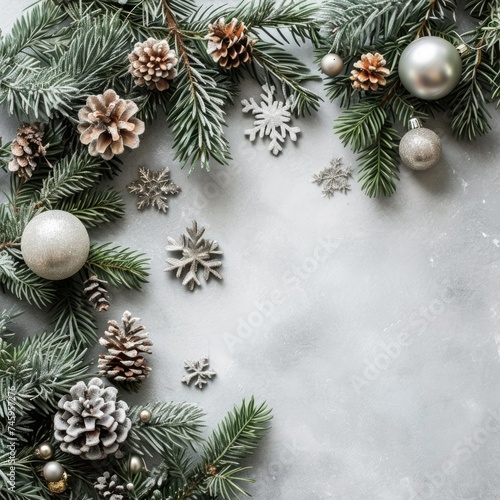 Festive Fir: Christmas Composition with Snowflakes and Decorations on Pastel Gray Background