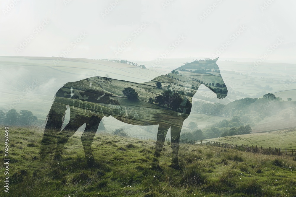 A horse superimposed with the rolling hills of a countryside landscape in a double exposure - obrazy, fototapety, plakaty 