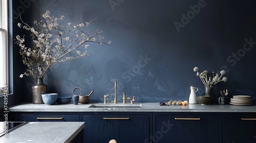 Simplicity of a minimalist navy kitchen, clean lines and navy hues