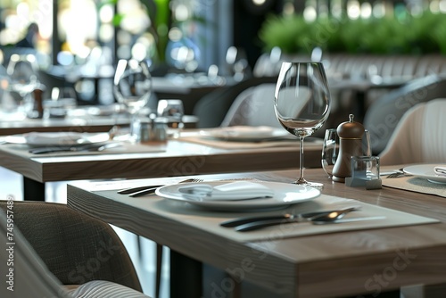 Contemporary fine dining restaurant concept  restaurant table  Wine glasses in the restaurant table  Dining table in the luxury restaurant 