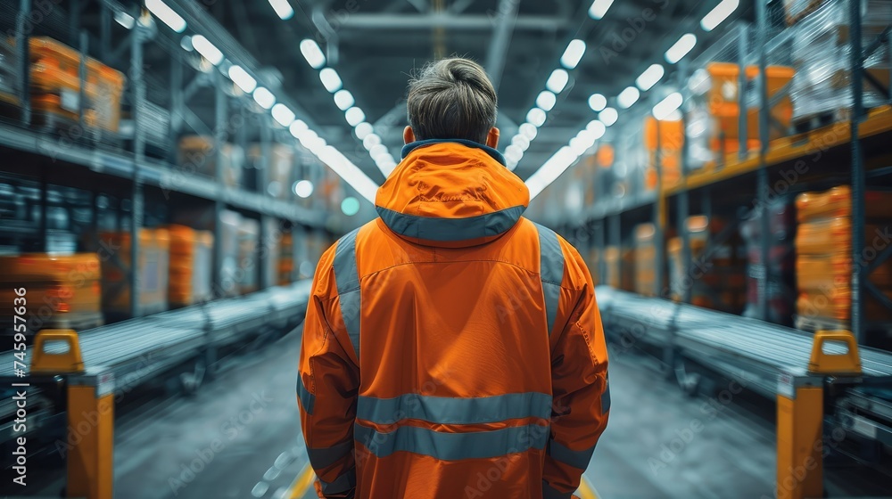 Back view of a baggage handler with an orange jacket. Generative AI.