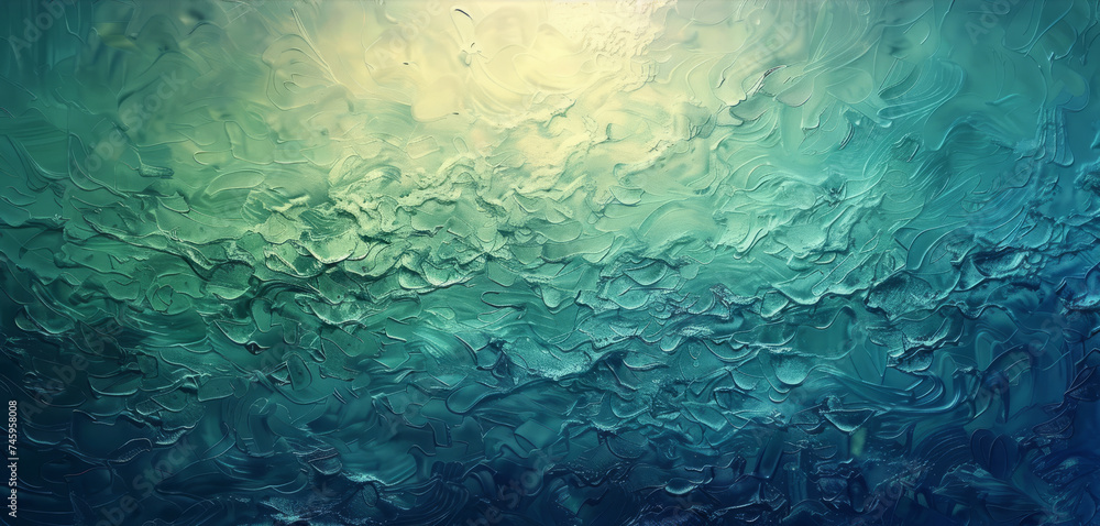 Obraz premium Textured Oceanic Waves Abstract Art An abstract representation of ocean waves, this art piece features textured layers of teal and green with a luminous glow, reminiscent of the sea. 