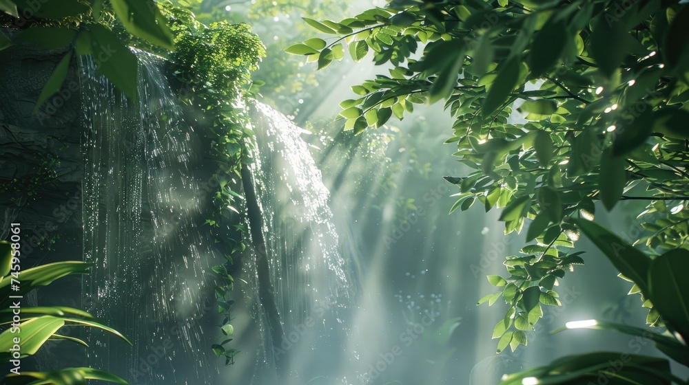 Obraz premium Capture the tranquility of a secluded waterfall amidst lush greenery, with sunlight filtering through the leaves, creating a peaceful, ethereal glow