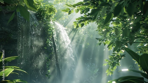 Capture the tranquility of a secluded waterfall amidst lush greenery  with sunlight filtering through the leaves  creating a peaceful  ethereal glow